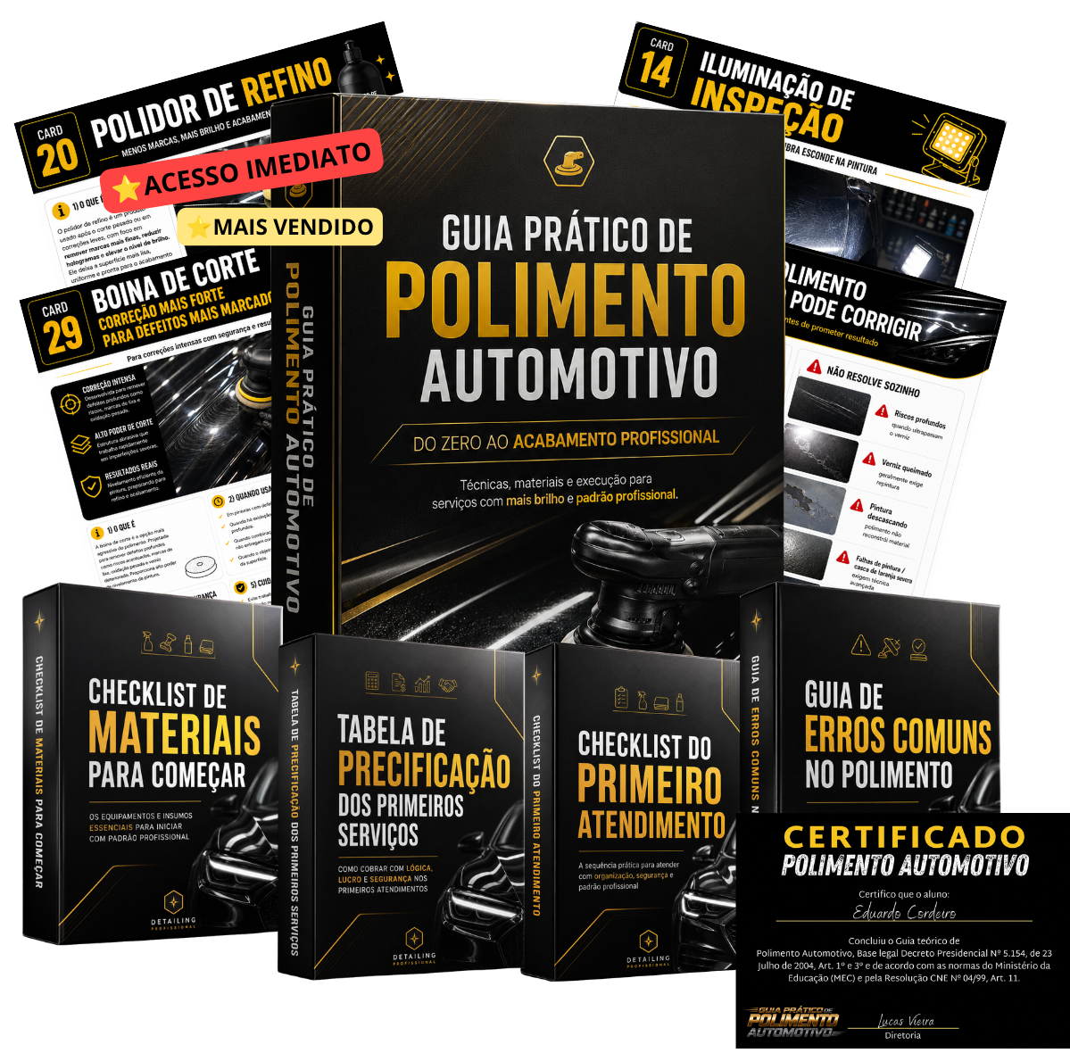 Mockup do Guia do Polimento Automotivo do Zero com todos os bônus inclusos e certificado