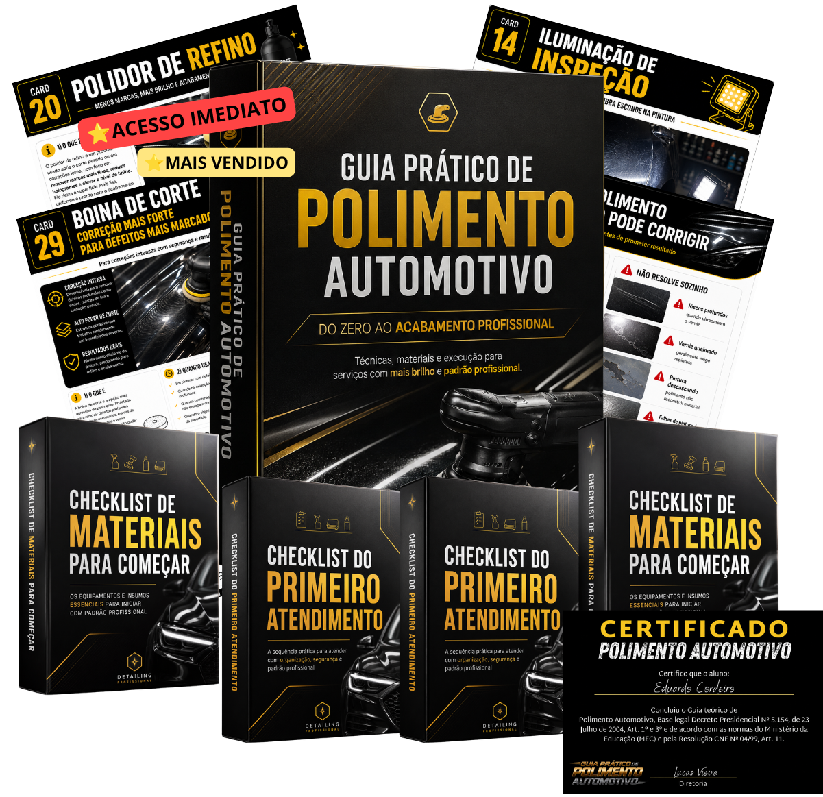 Mockup do Guia do Polimento Automotivo do Zero com todos os bônus inclusos e certificado